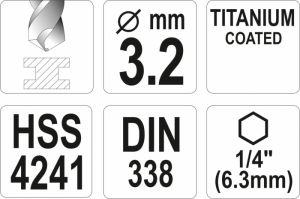 Vrták 3,2 mm do kovu s šestihranným unašečem 1/4" titanový vrták na kov do akuvrtaček akušroubováku vrták s šestihranem do magnetického unašeče vrtačky