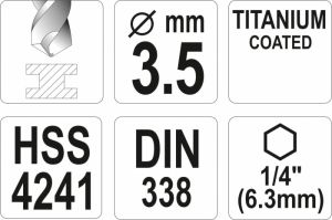 Vrták 3,5 mm do kovu s šestihranným unašečem 1/4" titanový vrták na kov do akuvrtaček akušroubováku vrták s šestihranem do magnetického unašeče vrtačky