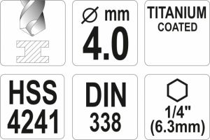 Vrták 4,0 mm do kovu s šestihranným unašečem 1/4" titanový vrták na kov do akuvrtaček akušroubováku vrták s šestihranem do magnetického unašeče vrtačky