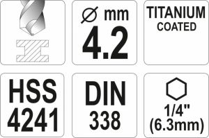 Vrták 4,2 mm do kovu s šestihranným unašečem 1/4" titanový vrták na kov do akuvrtaček akušroubováku vrták s šestihranem do magnetického unašeče vrtačky