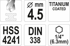 Vrták 4,5 mm do kovu s šestihranným unašečem 1/4" titanový vrták na kov do akuvrtaček akušroubováku vrták s šestihranem do magnetického unašeče vrtačky