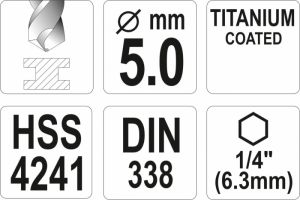 Vrták 5,0 mm do kovu s šestihranným unašečem 1/4" titanový vrták na kov do akuvrtaček akušroubováku vrták s šestihranem do magnetického unašeče vrtačky