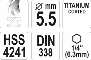 Vrták 5,5 mm do kovu s šestihranným unašečem 1/4" titanový vrták na kov do akuvrtaček akušroubováku vrták s šestihranem do magnetického unašeče vrtačky