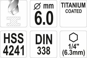 Vrták 6,0 mm do kovu s šestihranným unašečem 1/4" titanový vrták na kov do akuvrtaček akušroubováku vrták s šestihranem do magnetického unašeče vrtačky