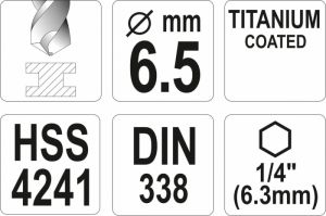 Vrták 6,5 mm do kovu s šestihranným unašečem 1/4" titanový vrták na kov do akuvrtaček akušroubováku vrták s šestihranem do magnetického unašeče vrtačky