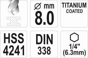 Vrták 8,0 mm do kovu s šestihranným unašečem 1/4" titanový vrták na kov do akuvrtaček akušroubováku vrták s šestihranem do magnetického unašeče vrtačky