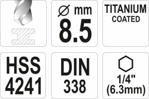 Vrták 8,5 mm do kovu s šestihranným unašečem 1/4" titanový vrták na kov do akuvrtaček akušroubováku vrták s šestihranem do magnetického unašeče vrtačky