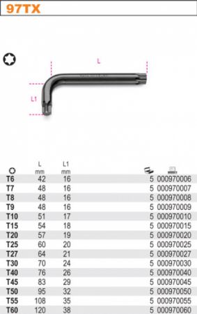 Klíč Torx L T6-T7-T8-T9-T10-T15-T20-T25-T27-T30-T40-T45-T50-T55-T60 elkový klíč Torx Beta 97TX,značkový klíč Torx imbusový L ,klíč Torx elko