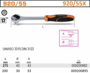 profesionální ráčna 1/2" Beta 920/55,profi ráčna na velkou golu 1/2" Beta tools, ráčna 1/2" 72zubů profi Beta Italie 920/55x