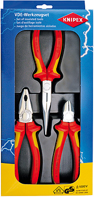 sada kleští Knipex VDE podle DIN EN/IEC 60900 1000V, kleště elektrikářské izolované Knipex sada 03 06 180 Knipex Kombinované kleště 1ks 26 16 200 Knipex Půlkulaté kleště s břity 1ks 70 06 160 Knipex 