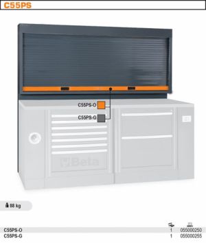 závěsná skříň na nářadí s roletou a děrovanou deskou za dílenský ponk Beta Racing C55PS , závěsný panel na nářadí 2m šedý s roletou Beta RSC55PS