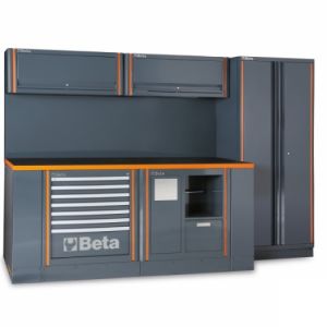 dílenská sestava nábytku Beta Racing RSC56, luxusní značkový ponk do garáže se skříní a děrovaným plechem Beta Tools, profesionální nábytek do dílny na nářadí Beta Itálie , profi dílenský ponk