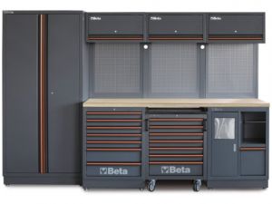 dílenský nábytek do garáže dílny profi Beta C45PRO 2.0 W, 3 metrový ponk se skříní a vozíkem do garáže dílny Beta Tools, ponk a vozík na nářadí do garáže profi C45PRO2.0/W 