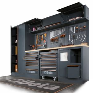 Rohová sestava dílenského ponku nábytku Beta C45PRO 2.0 DX, rohový ponk nábytek do dílny garáže značkový Beta tools, tmavě šedý dílenský nábytek s oranžovou profi Beta C45 PRO C45PRO2.0/DX