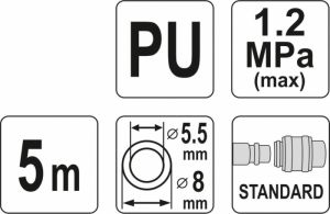 Hadice vzduchová spirálová PU 5,5x8mm 5m, kroucená hadice ke kompresoru slabá úzká délka návinu 5m osazená