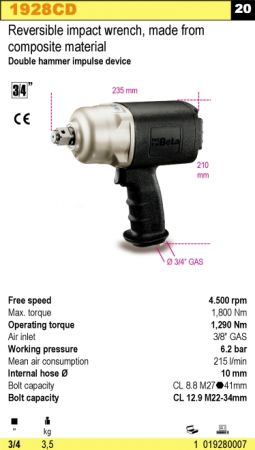 PROFI Rázový utahovák 3/4" 1800Nm BETA 1928CD, pneumatický utahovák 3/4" na tříčtvtkovou velkou golu, utahovák na velkou golu 3/4" na nákladní auta 