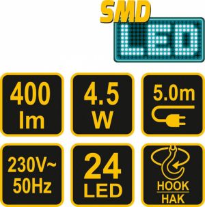 Lampa montážní 24 LED 4,5W/230V, trubicová led montážní lampa s kabelem 5m,