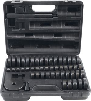Sada pro montáž a demontáž ložisek 52ks osahuje přítlačné podložky o Ø 18 - 65 mm (po 1 mm) a Ø 74 mm losovací přípravky na ložiska a silentbloky pro lis i pomocí šroubení