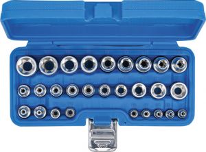 Sada hlavic E-profil 1/4" 3/8" 1/2" E4 - E24, 28ks hlavice obrácený Torx E E4  - E5 - E6 - E7 - E8 - E10 - E11 - E12 - E14 - E16 - E18 - E20 - E22 - E24