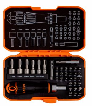 Sada bitů 1/4" PZ/PH/plochý/TORX/HEX a nástrčných hlavic s magnetem s ráčnovou rukojetí - 35ks  Bahco profi sada šroubovákú bitů s ráčnou 