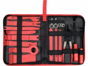 Sada k demontáži čalounění a autorádia 19ks, páčidla na uvolňování tapeciringu plast i kov a kleště na uvolnění platových příchytek v autech