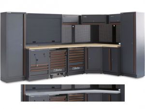 Profi dílenský nábytek ponk do rohu dílny garáže Beta Tools, šedá tmavá Sestava dílenského nábytku Beta C45PRO GX GW, luxusní ponk do garáže