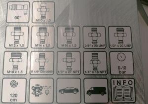 Měřák tlaku oleje v motoru se závity M10 × 1,0 - M12 × 1,5 - M14 × 1,5 M16 × 1,5 - M18 × 1,5 - 90°- R 1/8" DIN 2999, 1/8" × 27 NPT, 1/4" × 18 NPT - 3/8" × 20 UNF - 1/2" × 20 U