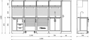 Sestava profi dílenského nábytku BETA s umyvadlem RSC50 2.0 H  5000/RSC50/2.0/H