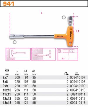Tklíč na matice hluboký Beta941 7mm, 8mm, 9mm, 10mm,11mm, 12mm, 13mm  Šestihranné / dvojité šestihranné nástrčkové klíče, s rukojeťmi s vysokým momentem