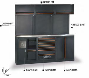 Profi ponk do garáže, dílny 2m s košem s vrchními skříňkami a děrovanými deskami Beta Sestava dílenského nábytku C45PRO AX