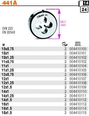 závitové očko M16x1 , jemné očko na řezání závitu M16x1,5 Beta 441, Závitové očko jemný závit chromová ocel 441A M16X1.5 DIN 223 UNI EN 4535
