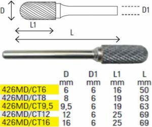 Rotační pilníky oblý válec, vyrobené z tvrdokovu 426MD/CT stopka 6mm