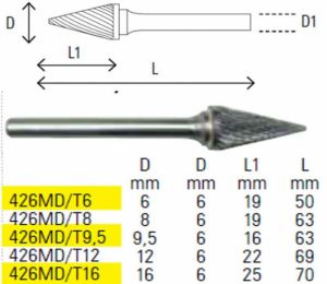 Rotační pilníky kuželový, vyrobené z tvrdokovu 426MD/T stopka 6mm
