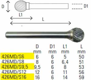 Rotační pilníky kulový, vyrobené z tvrdokovu 426MD/S stopka 6mm