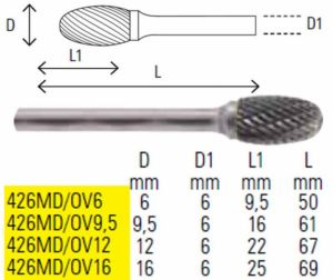 Rotační pilníky oválný, vyrobené z tvrdokovu 426MD/OV stopka 6mm