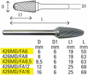 Rotační pilníky zaoblený plamen, vyrobené z tvrdokovu 426MD/FA stopka 6mm