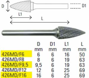 Rotační pilníky plamen špičatý, vyrobené z tvrdokovu 426MD/F stopka 6mm