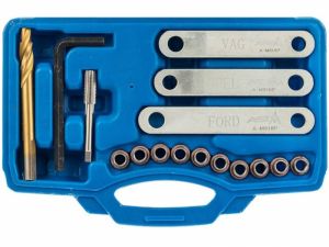 Přípravky na opravu závitů vodítek brzdičů M9x1,25mm na VAG, Opel, Ford, sada 16ks, sada na opravu brzdiče na stržený závit čepiu M9x1,25