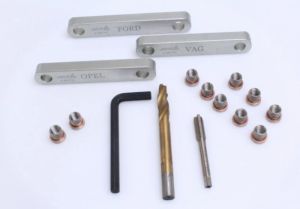Přípravky na opravu závitů vodítek brzdičů M9x1,25mm na VAG, Opel, Ford, sada 16ks, sada na opravu brzdiče na stržený závit čepiu M9x1,25