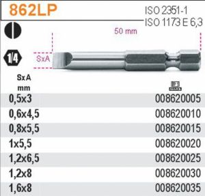 Bity na šrouby s drážkovanou hlavou, 50mm dlouhý plochý bit 862LP, bit plochý šroubovák dlouhý 50mm