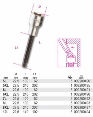Imbus s kuličkou dlouhý BETA 920BP, hlavice dlouhý imbus s kuličkou 100mm + 240mm 5mm, 6mm, 7mm, 8mm, 10mm na golu 1/2", prodloužený imbus na olejovou vanu škoda VW 5 a 6 mm,hlavice imbus s kulič