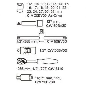 sada gola 1/2" v držáku plastu pro uložení do montážního vozejku vozíku sada gola v kontejneru do šuplíku 1/2"