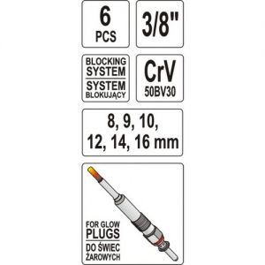 Klíč na žhavící svíčky sada 6ks 8-16mm, hlavice prodloužená s kloubem na žhavící svíčky motorů i pro běžné použití