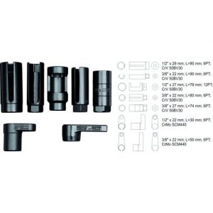 Sada hlavic nástavců na vstřiky a lambda sondy 7ks 22mm,27mm,29mm,proříznutý klíč na vstřiky 