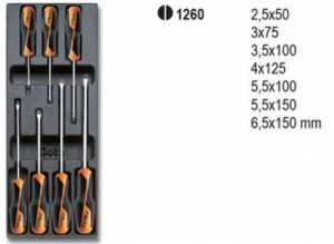 sada profesionálních plochých šroubováků beta T199 2,5x50 - 3x75 - 3,5x100 4x125 - 5,5x100 5,5x150 - 6,5x150 mm ,sada šroubováků beta 1260 v plastovém modulu do dílenského vozíku
